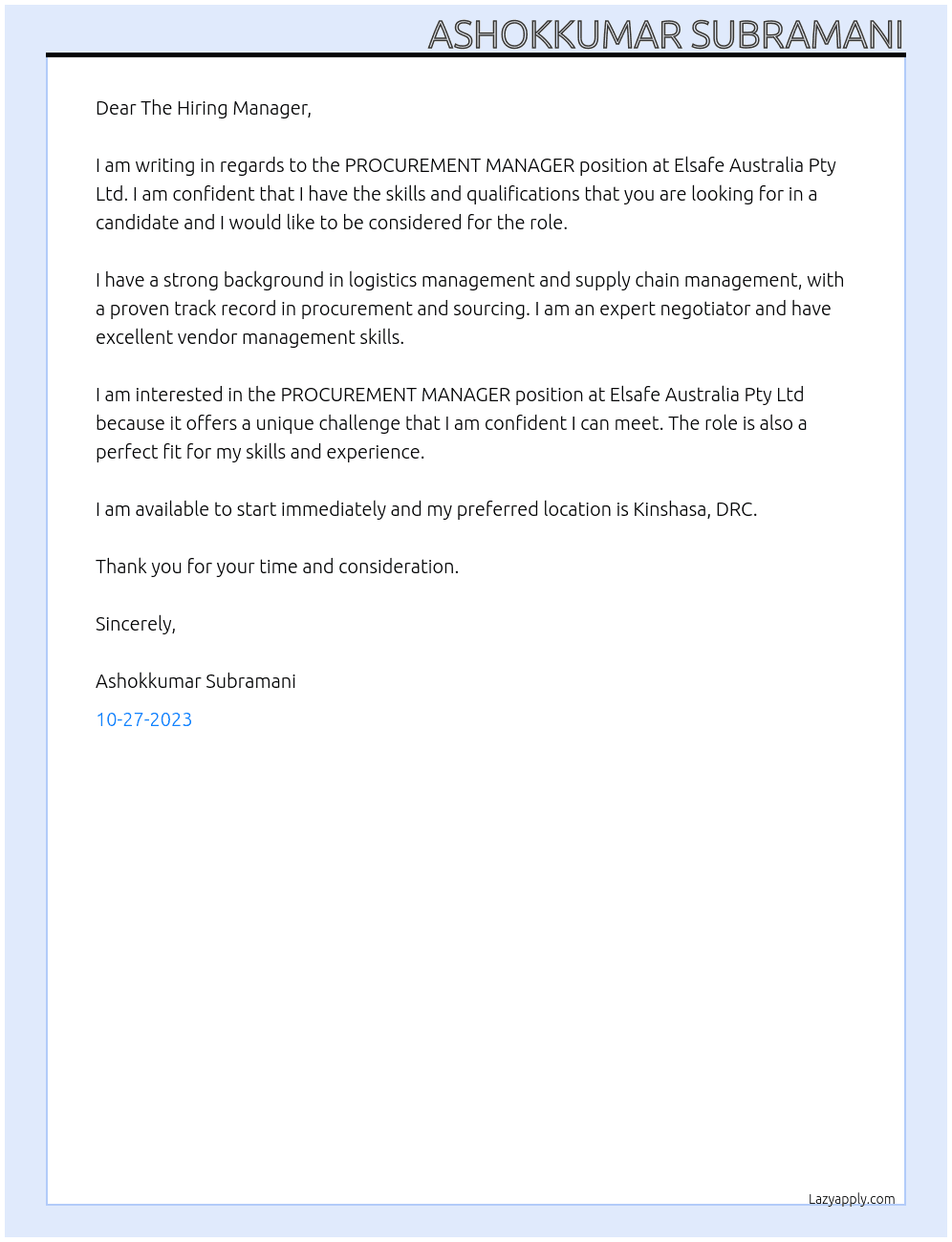 PROCUREMENT MANAGER At Elsafe Australia Pty Ltd Cover Letter