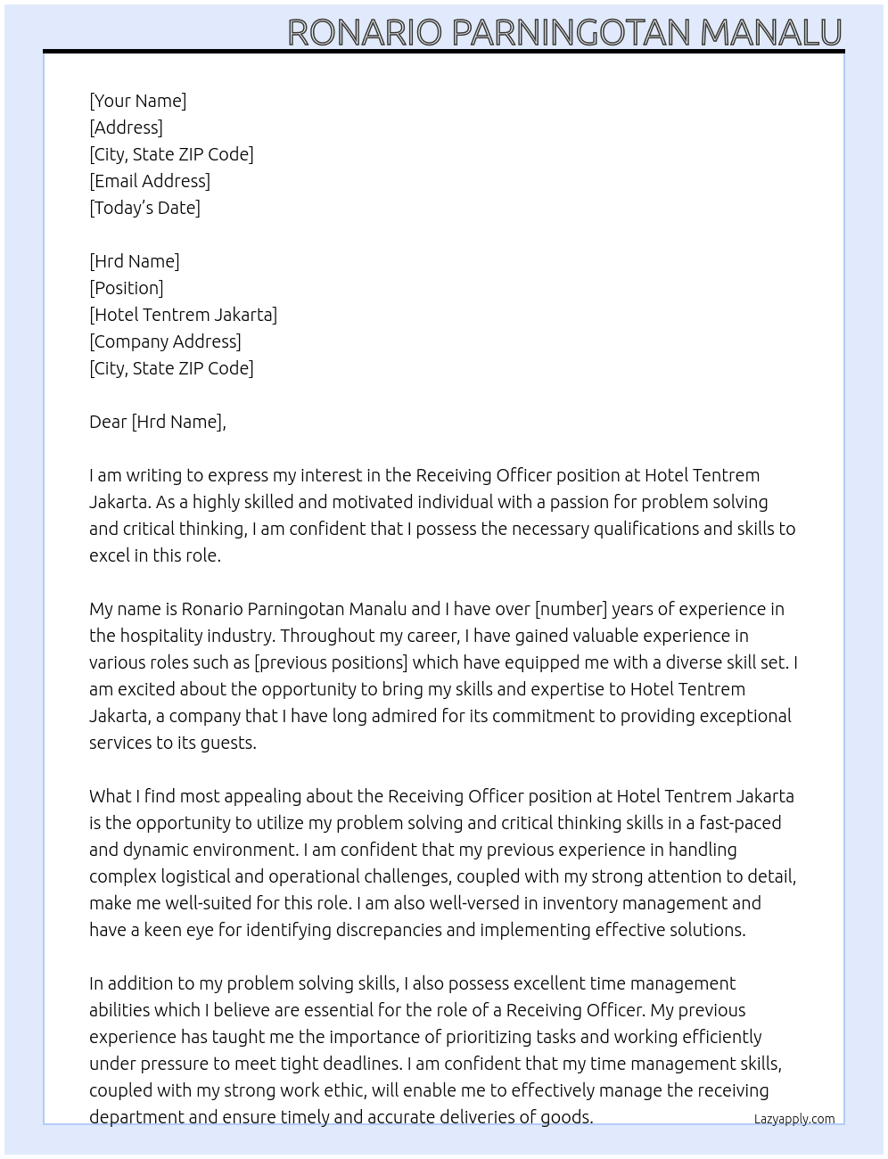 Receiving Officer At Hotel Tentrem Jakarta Cover Letter