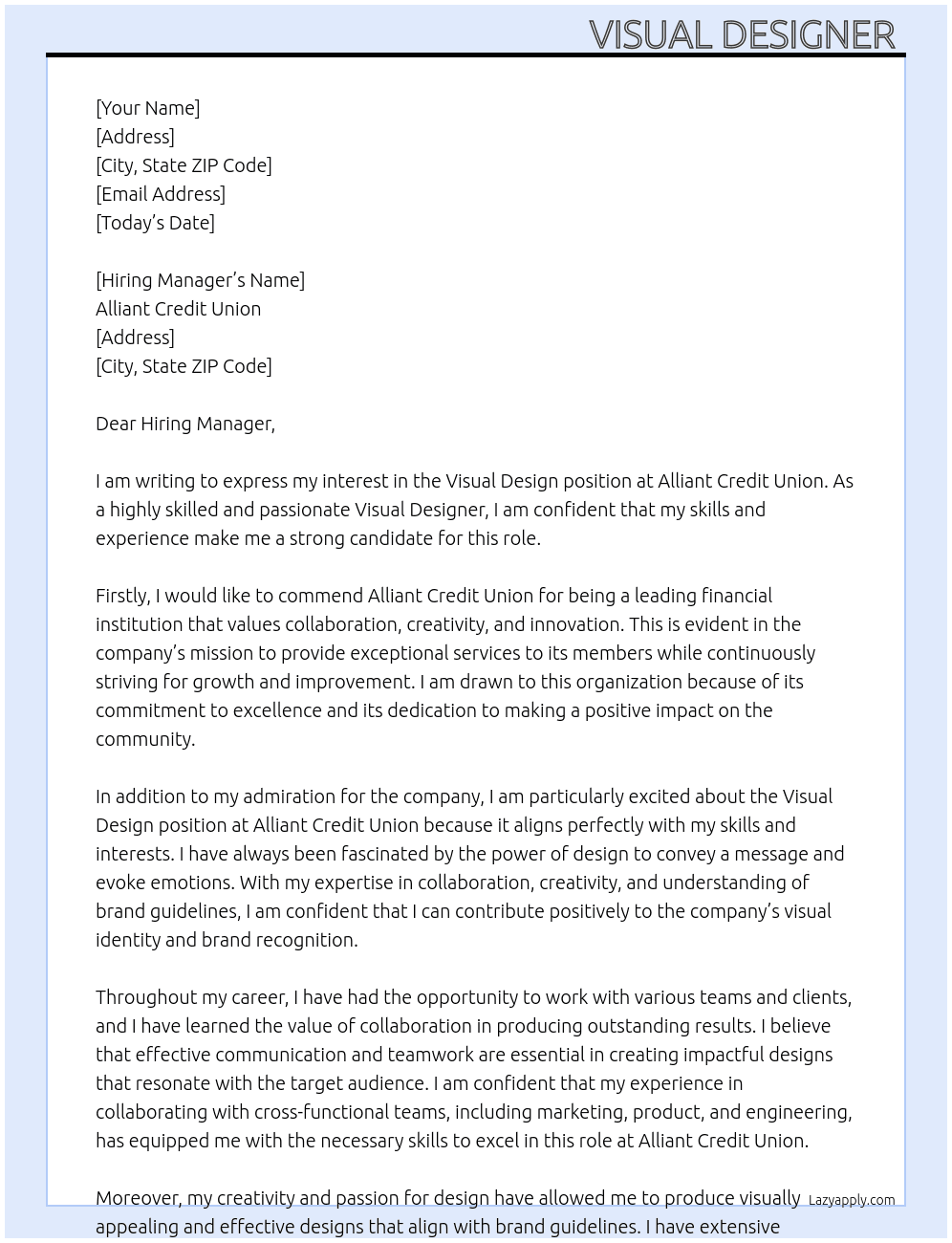 Visual design  At Alliant Credit Union Cover Letter