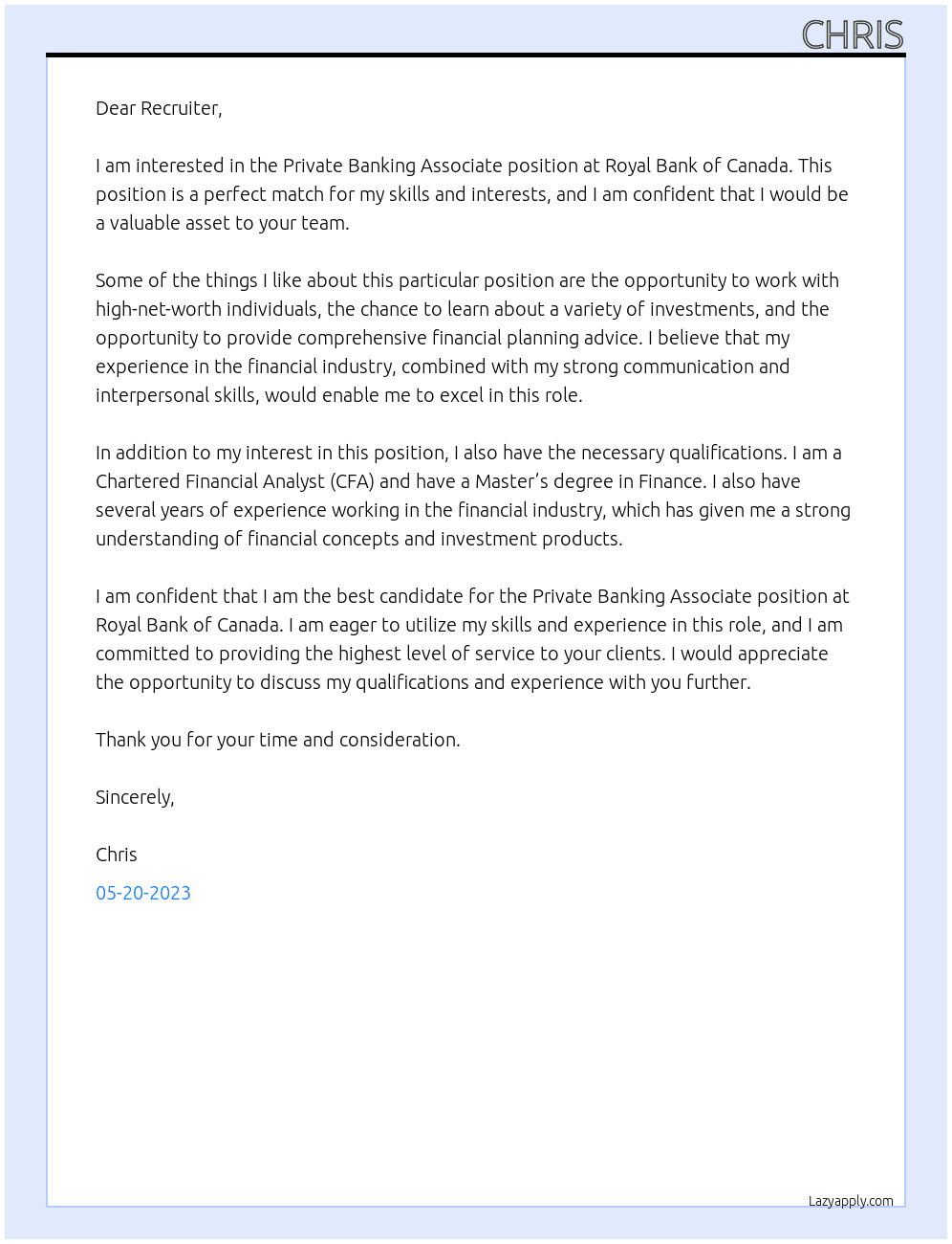 Private Banking Associate At Royal Bank of Canada Cover Letter