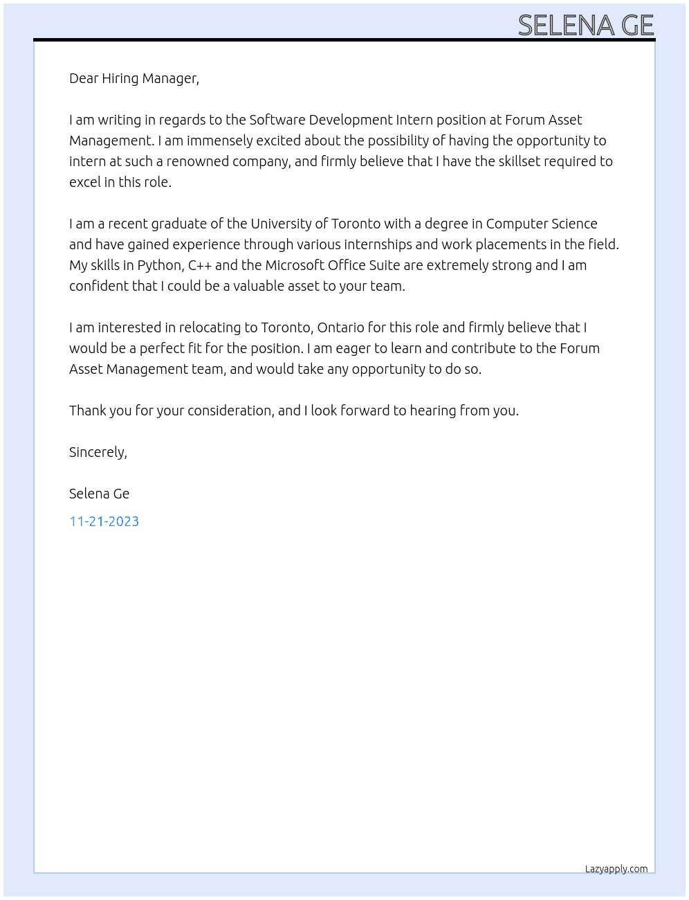 Software Development Intern  At Forum Asset Management Cover Letter