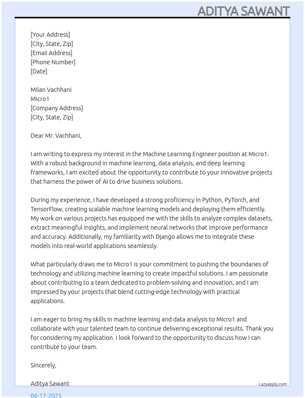 Machine Learning Engineer At Micro1 Cover Letter