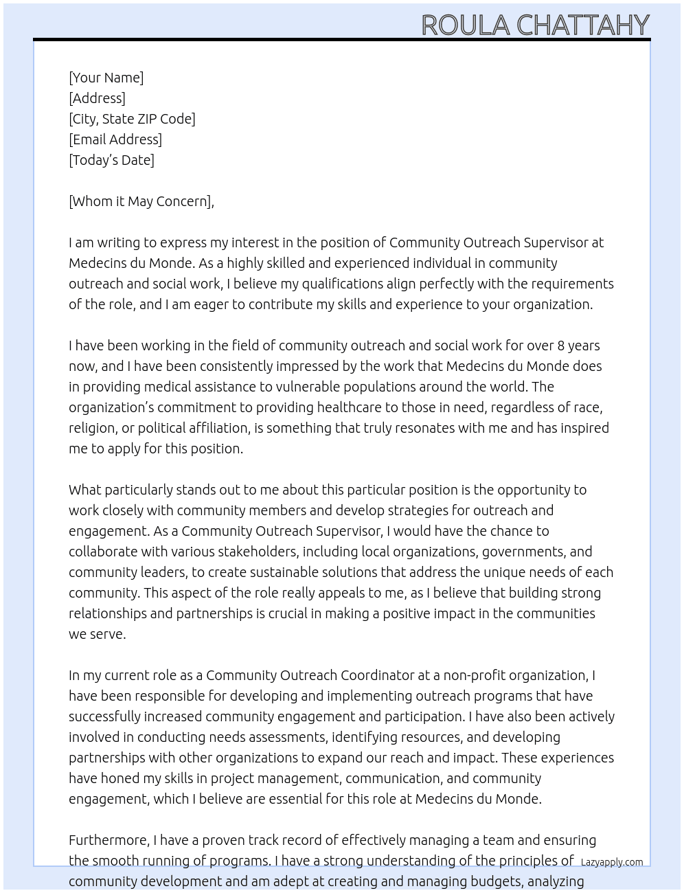 Community outreach supervisor At Medecins du Monde Cover Letter