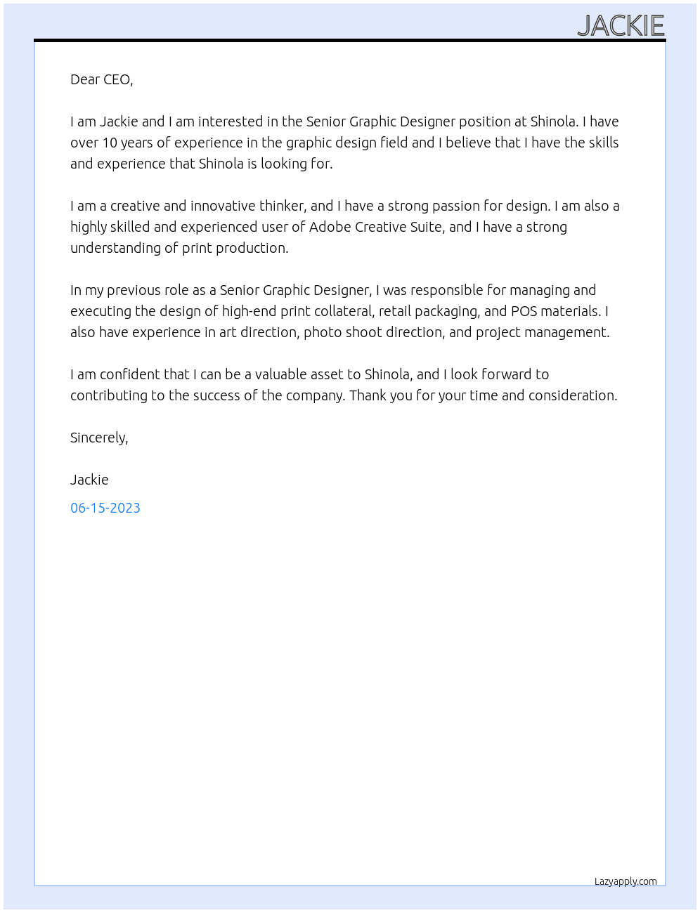Senior Graphic Designer At Shinola Cover Letter