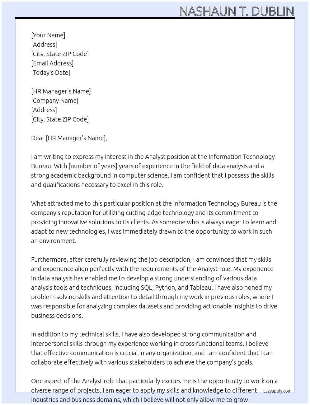 Analyst At Information Technology Bureau  Cover Letter