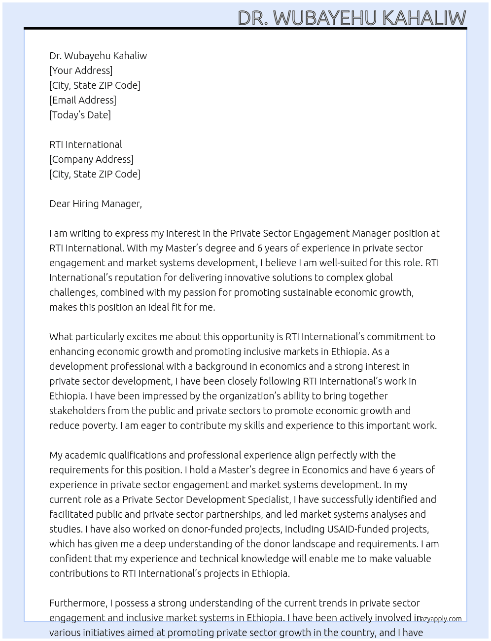 Private Sector Engagement Manager At RTI International  Cover Letter