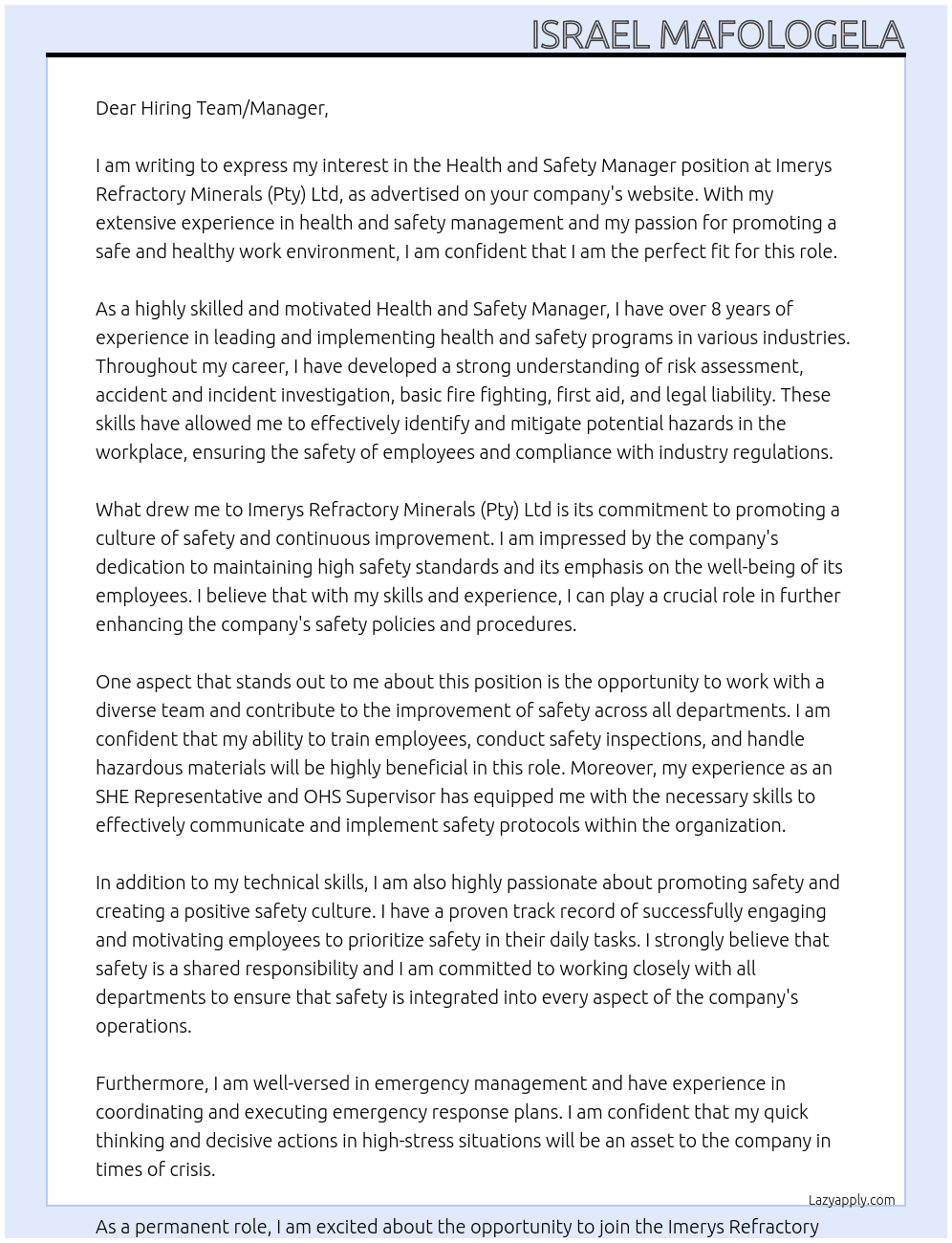Health and Safety Manager At Imerys Refractory Minerals (Pty) Ltd Cover Letter