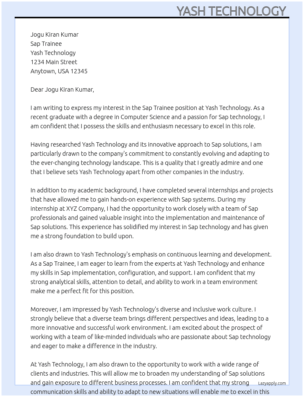 Sap trainee  At Yash technology  Cover Letter