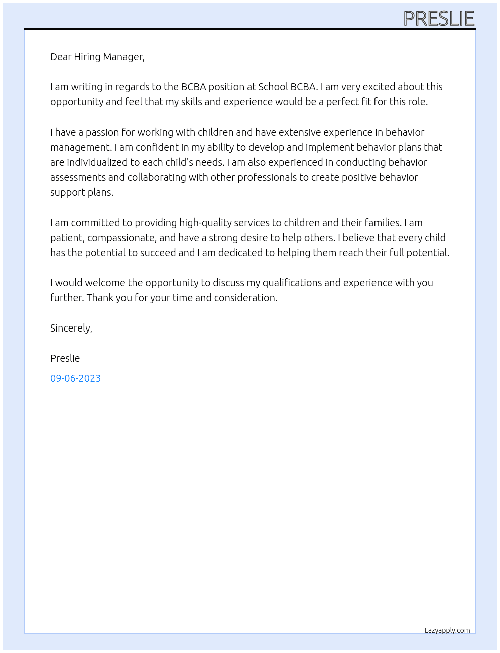 BCBA At School BCBA Cover Letter