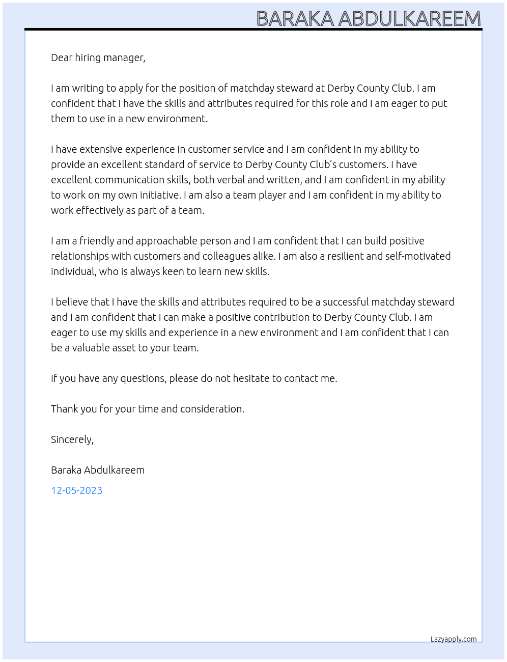 matchday steward At derby county club Cover Letter