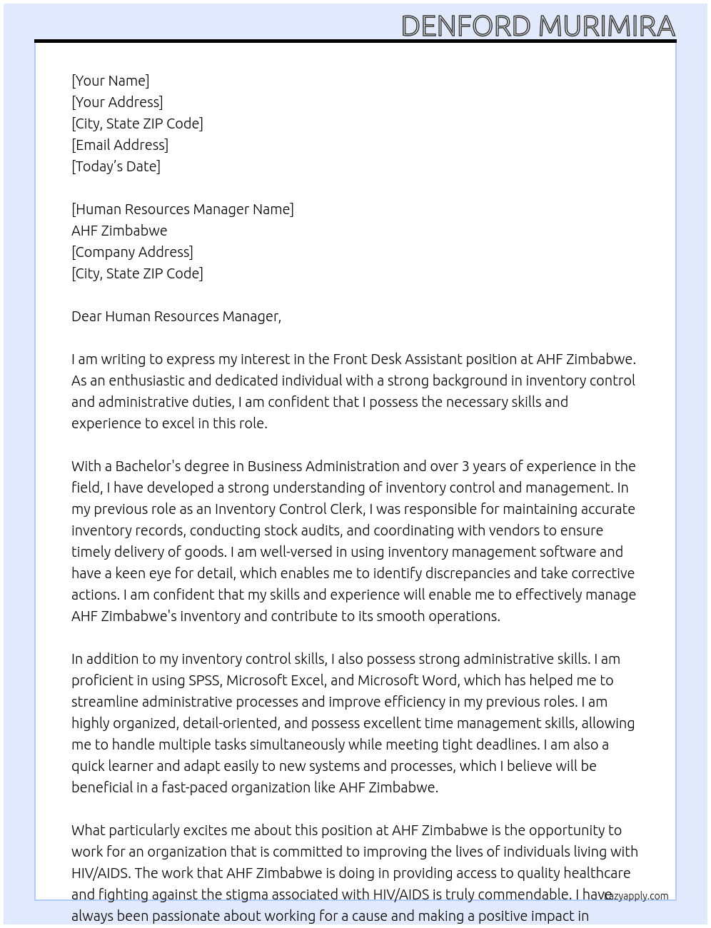 Front Desk Assistant  At AHF Zimbabwe  Cover Letter