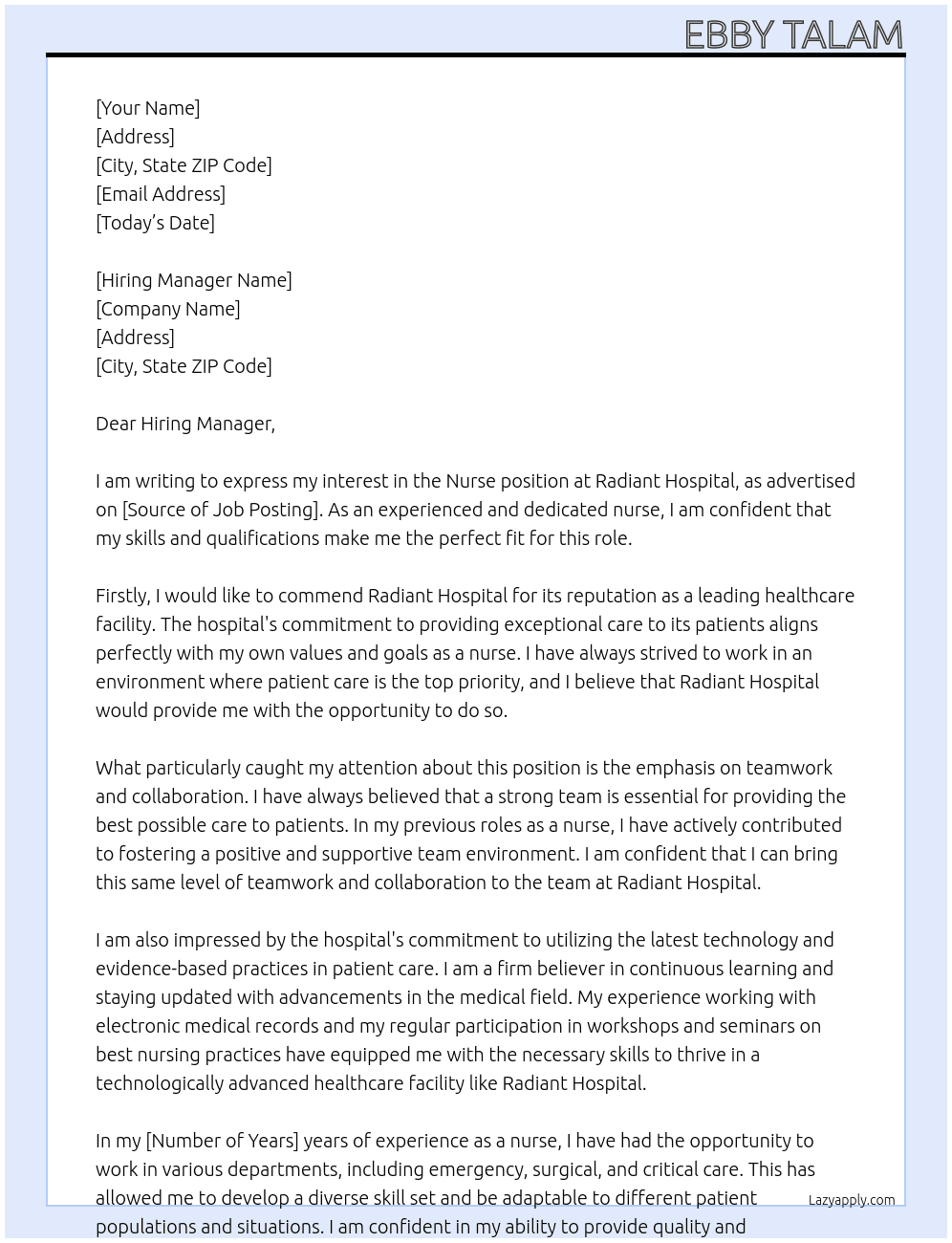 Nurse At Radiant Hospital  Cover Letter