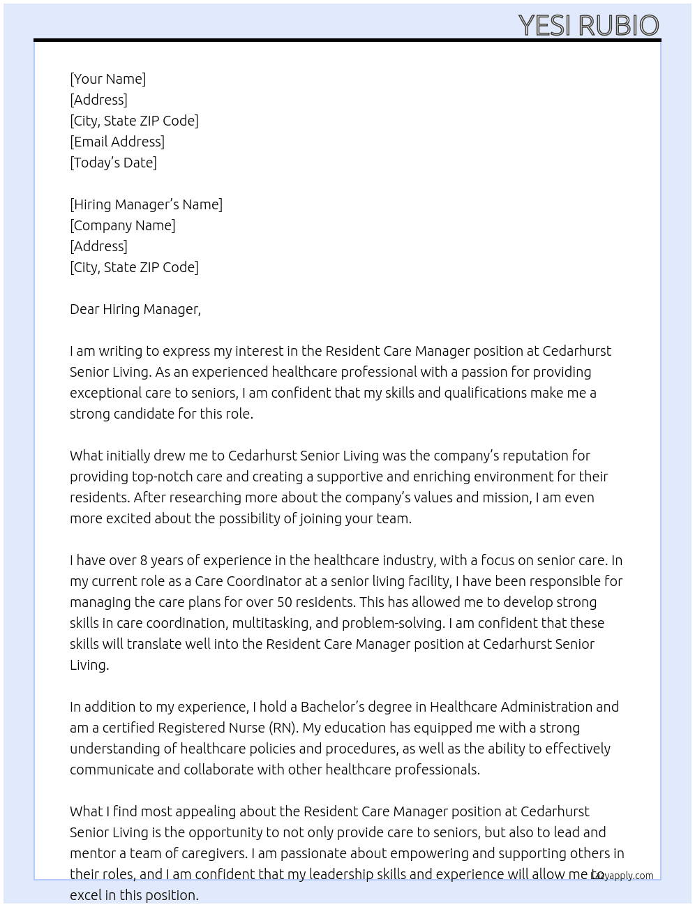 Resident Care Manager At Cedarhurst Senior Living Cover Letter