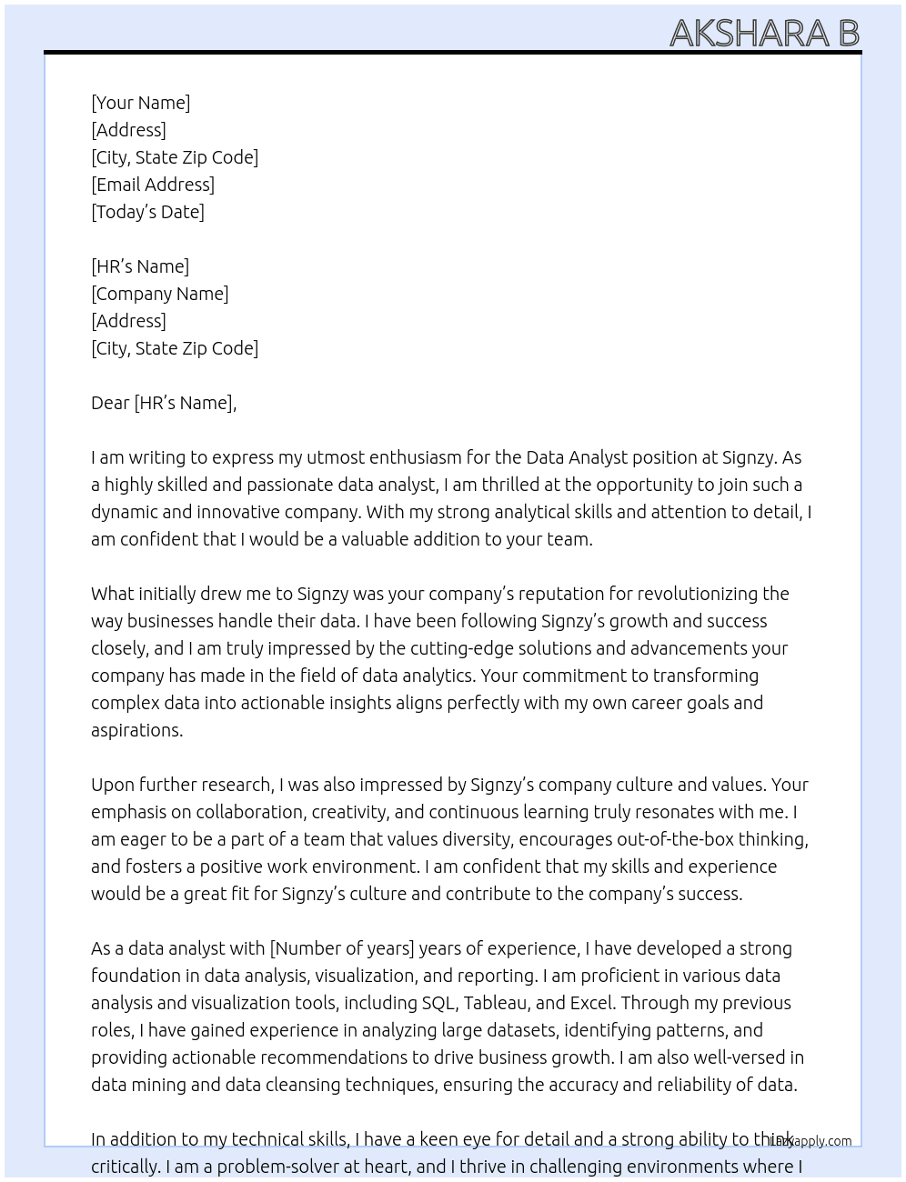 Data analyst At Signzy Cover Letter