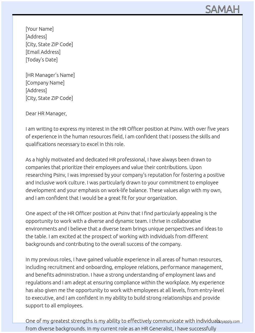 HR officer  At Psinv Cover Letter