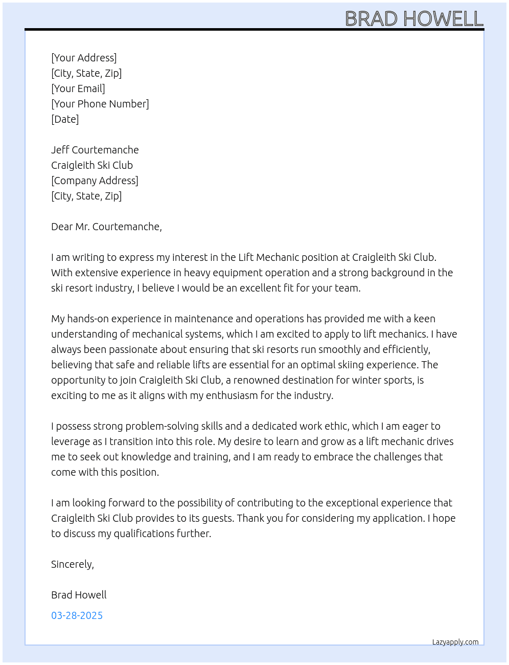 Cover letter for lift mechanic - LazyApply