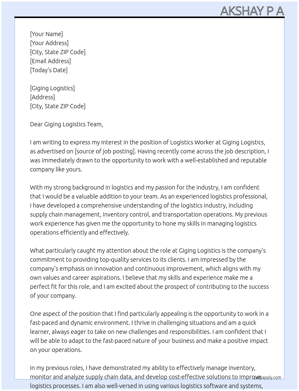 Logistics work  At Giging logistics  Cover Letter