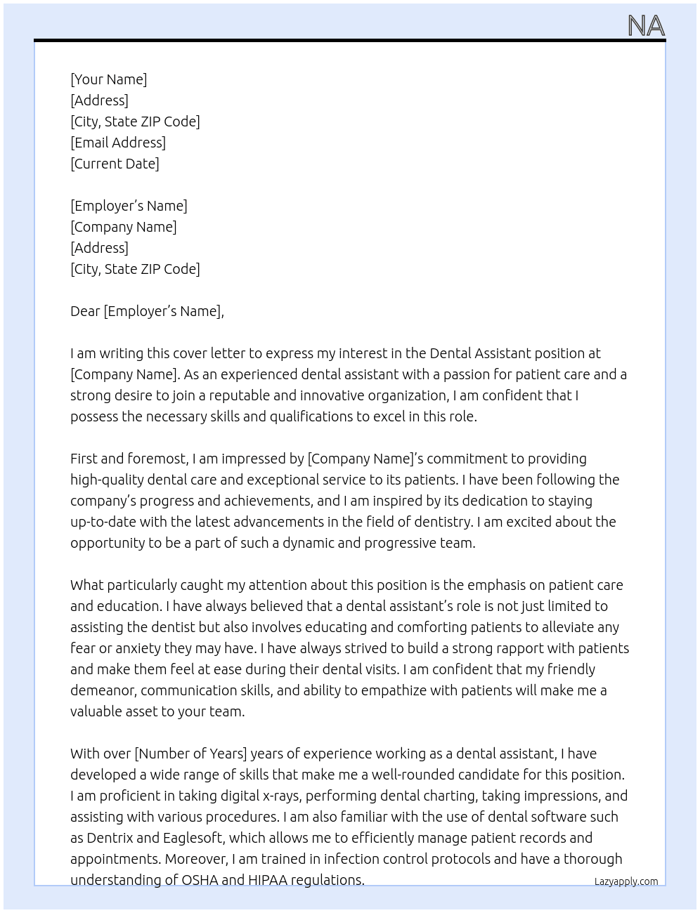 dental assistant At na Cover Letter