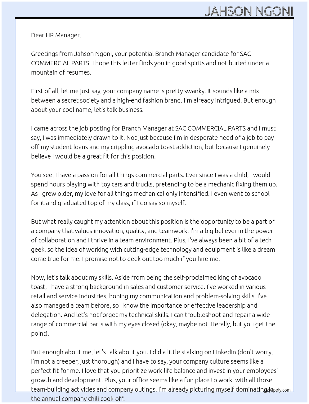 Branch Manager At SAC COMMERCIAL PARTS Cover Letter