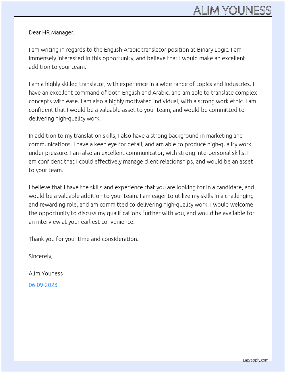 English-Arabic translator At Binary Logic Cover Letter