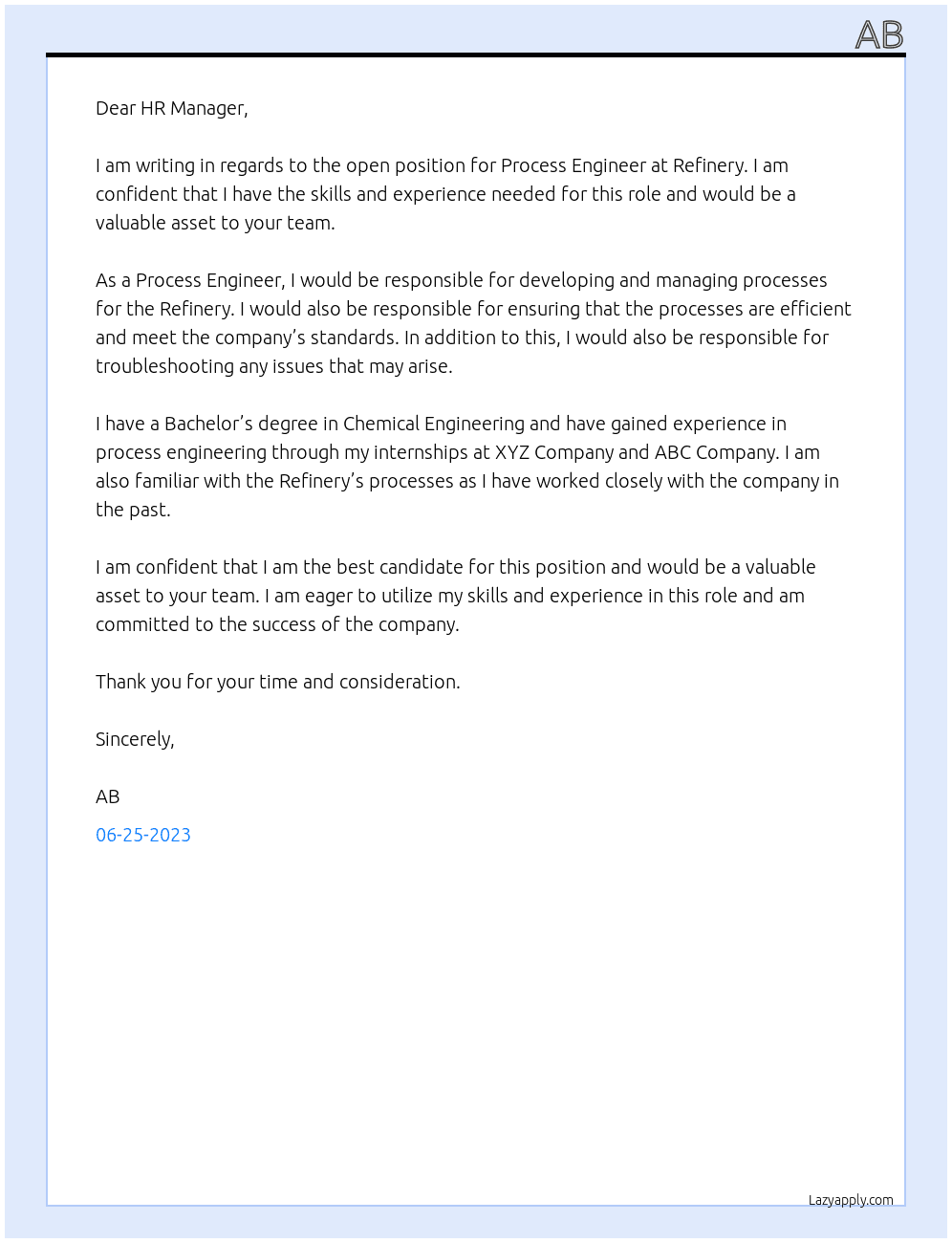 Process Engineer  At Refinery Cover Letter