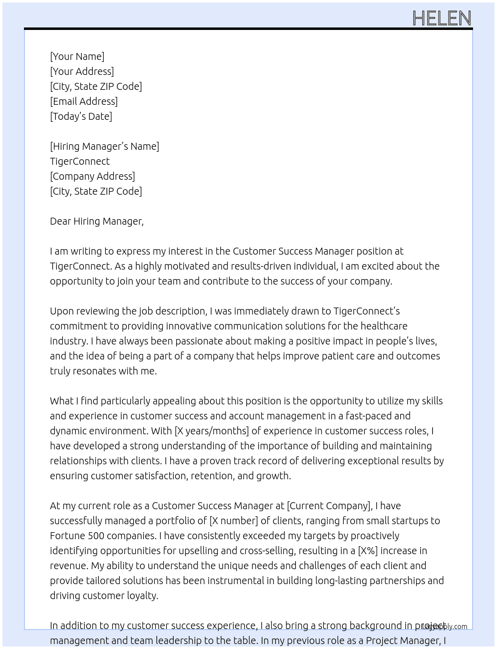 Customer Success Manager At TigerConnect Cover Letter