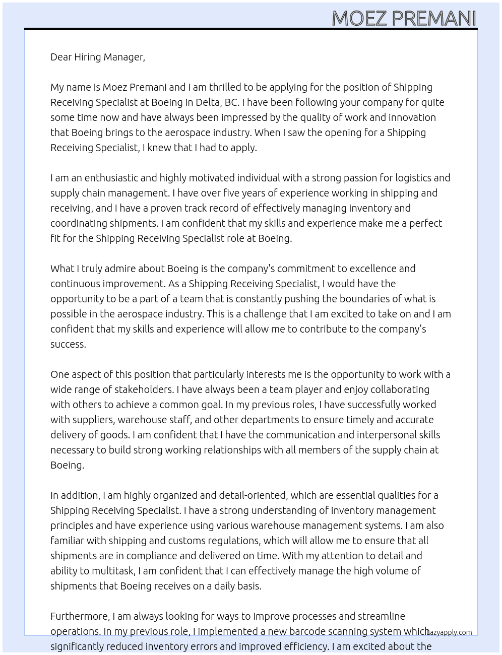 Shipping Receiving Specialist At Boeing in Delta, BC Cover Letter