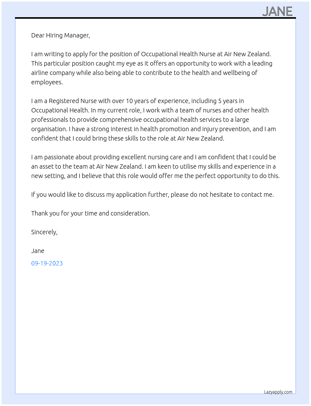 Occupational Health Nurse At Air New Zealand Cover Letter