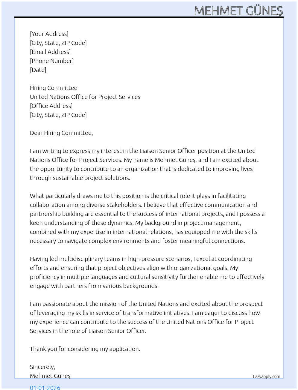 Liaison Senior Officer At united nations office for project services Cover Letter