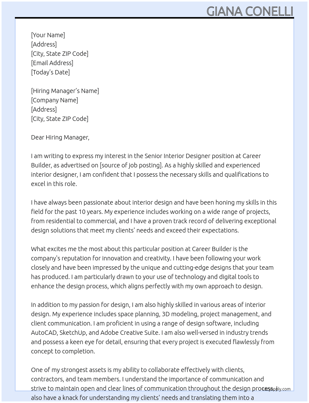 Senior Interior Designer  At Career Builder Cover Letter
