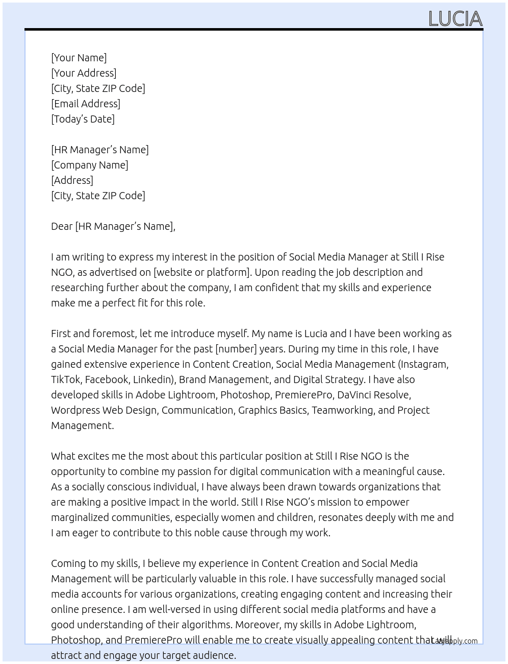 Social media manager At Still I rise NGo Cover Letter