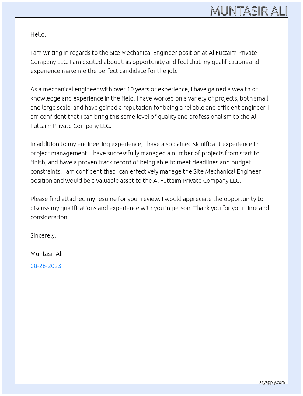 Site Mechanical Engineer At Al Futtaim Private Company LLC Cover Letter