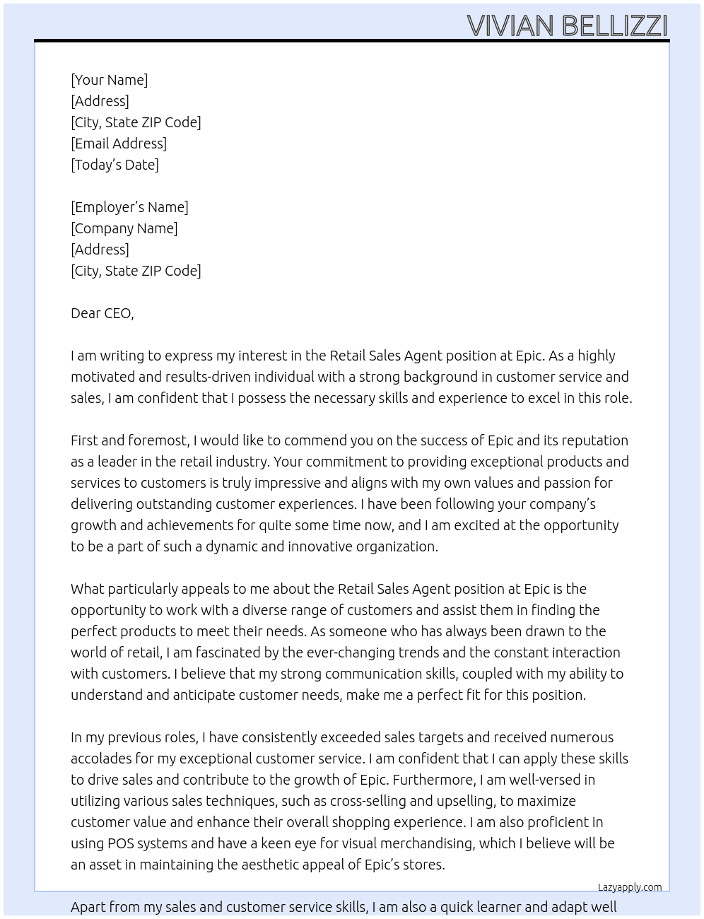 Retail Sales Agent At Epic Cover Letter