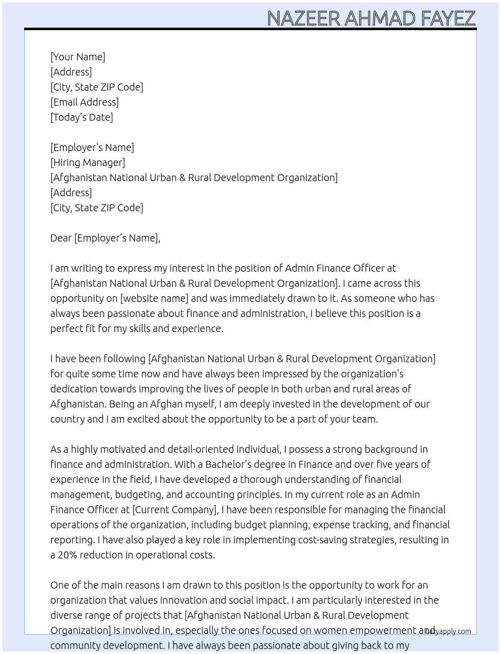 Admin Finance Officer At Afghanistan National Urban & Rural Development Organization Cover Letter