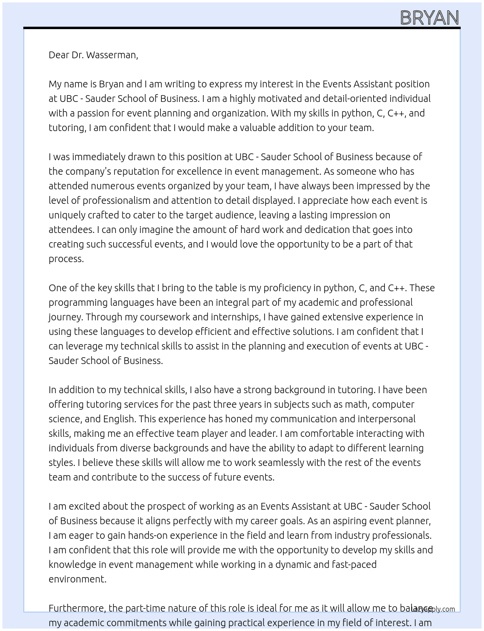 Events Assistant At UBC - Sauder School of Business Cover Letter