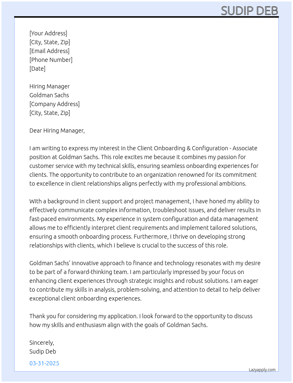 Cover letter for client onboarding & configuration - associate - LazyApply