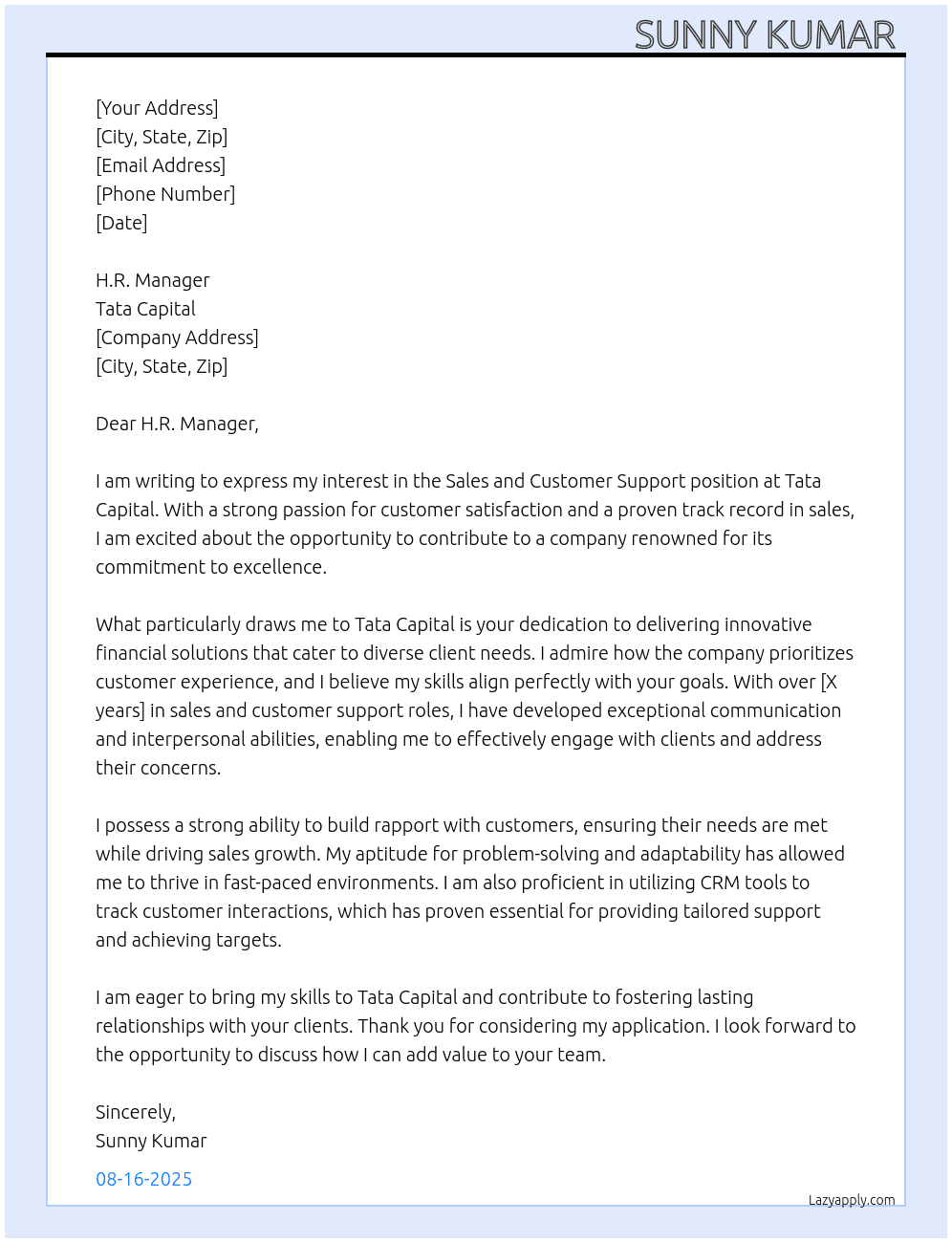Sales and customer support  At Tata Capital  Cover Letter