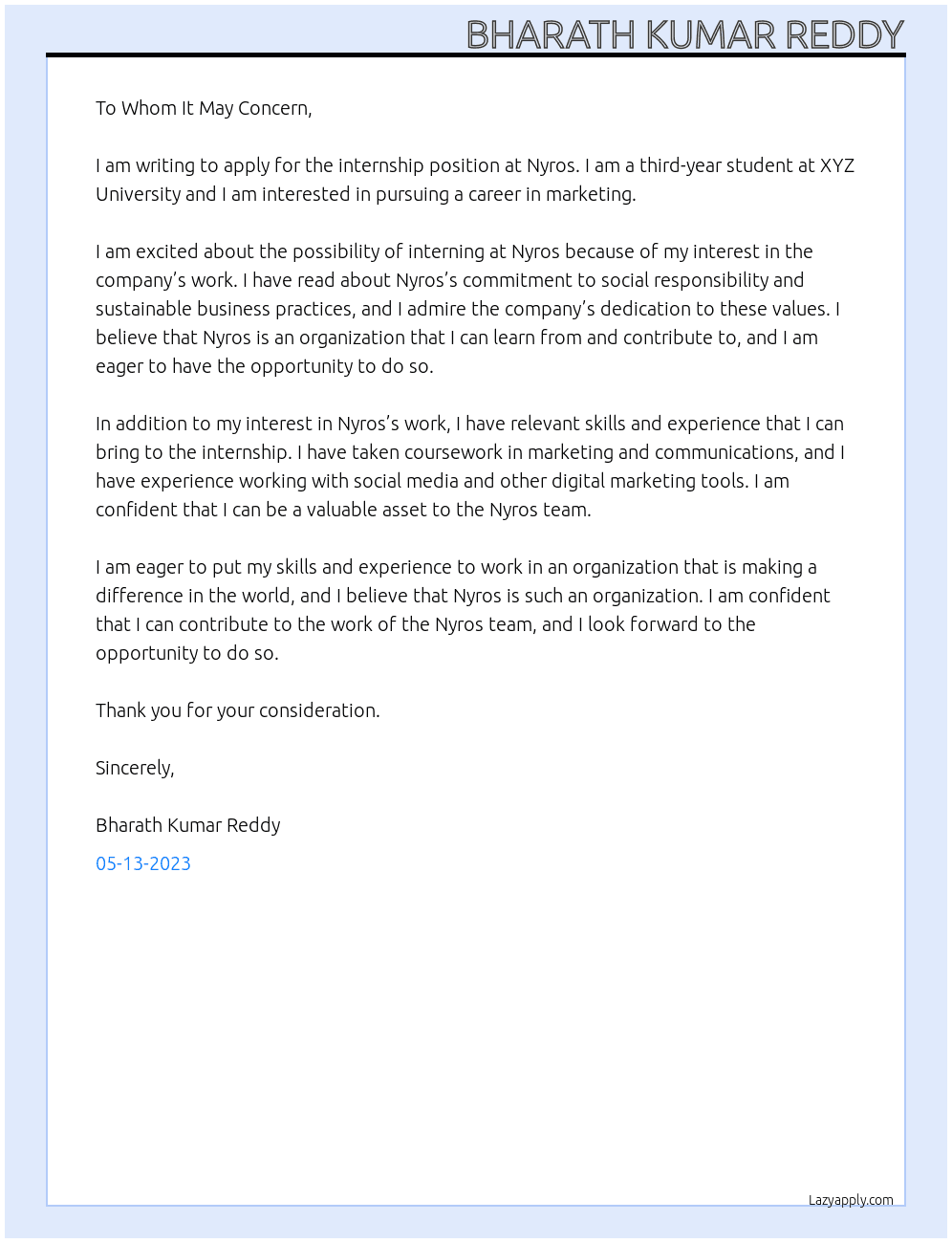 To go to internship  At Nyros Cover Letter