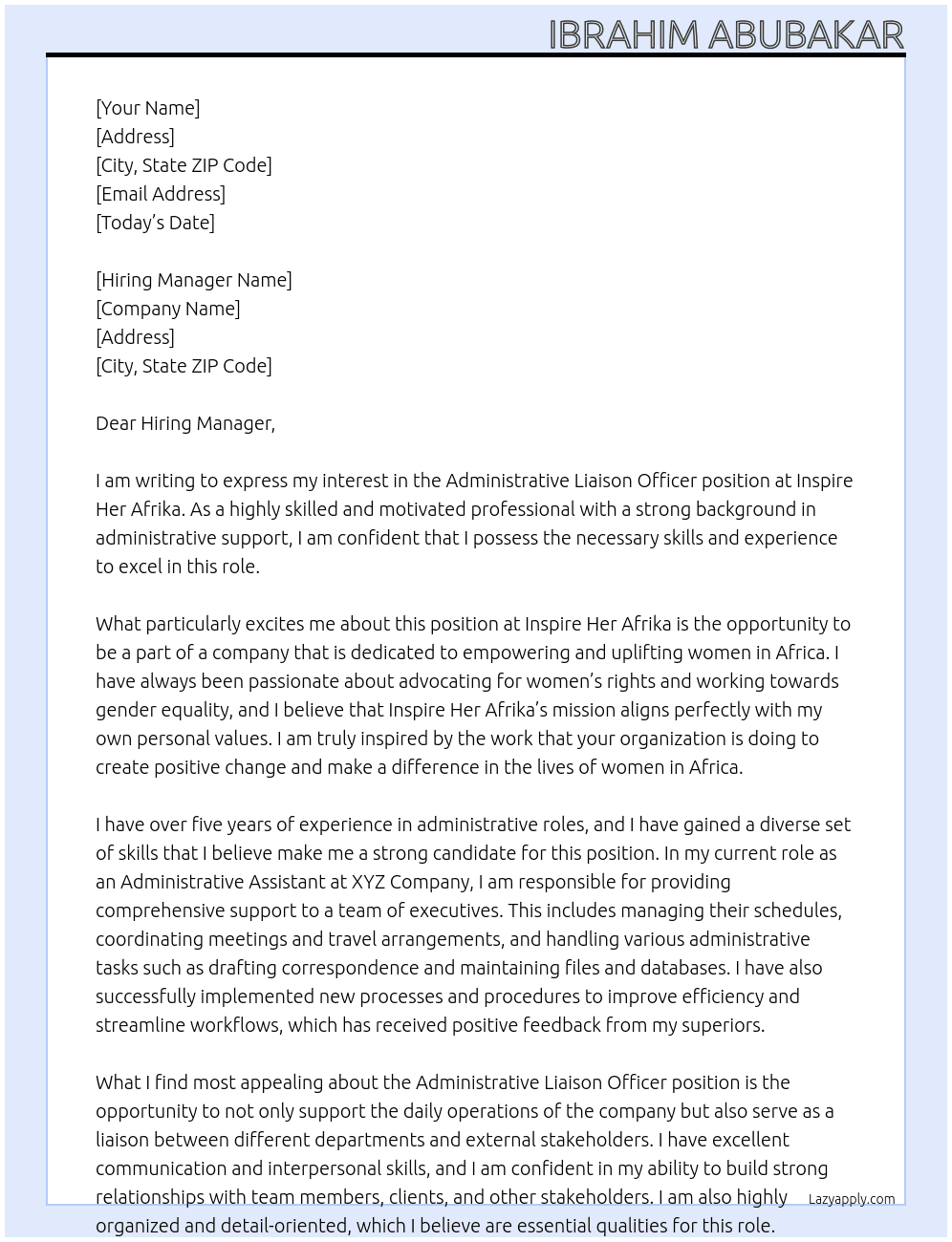 Administrative Liaison Officer At Inspire Her Afrika Cover Letter