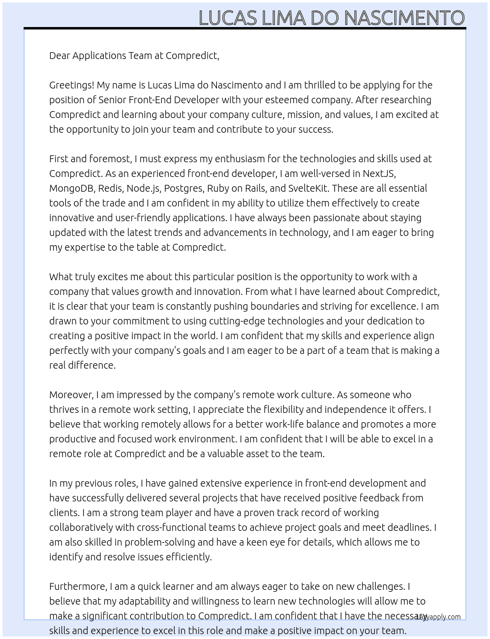 Senior Front-End Developer At Compredict Cover Letter