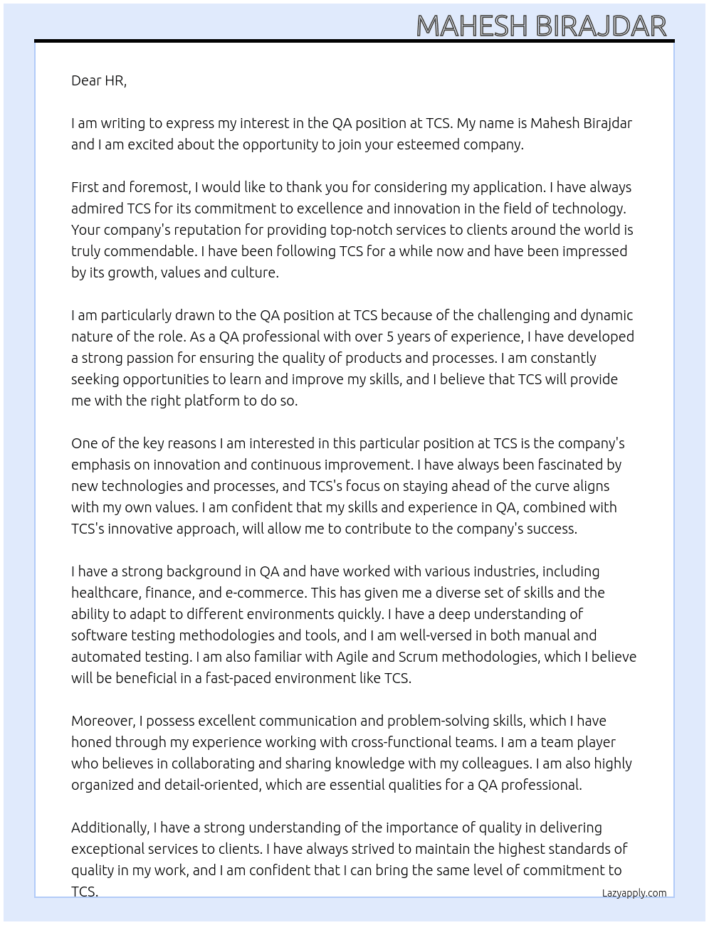 QA At TCS Cover Letter