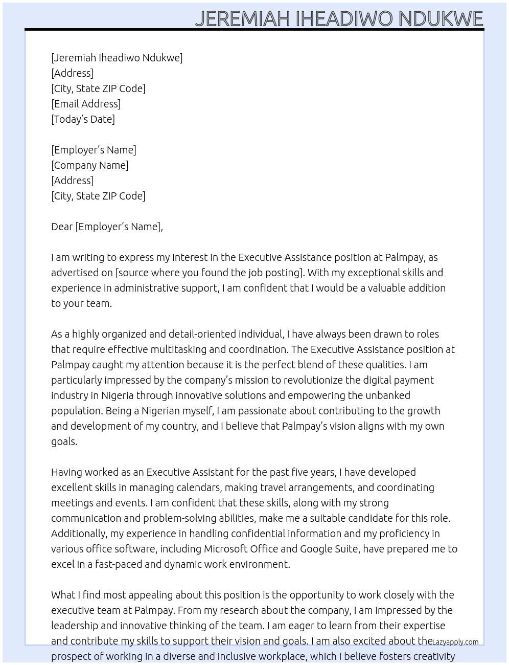 Executive Assistance  At Palmpay Cover Letter