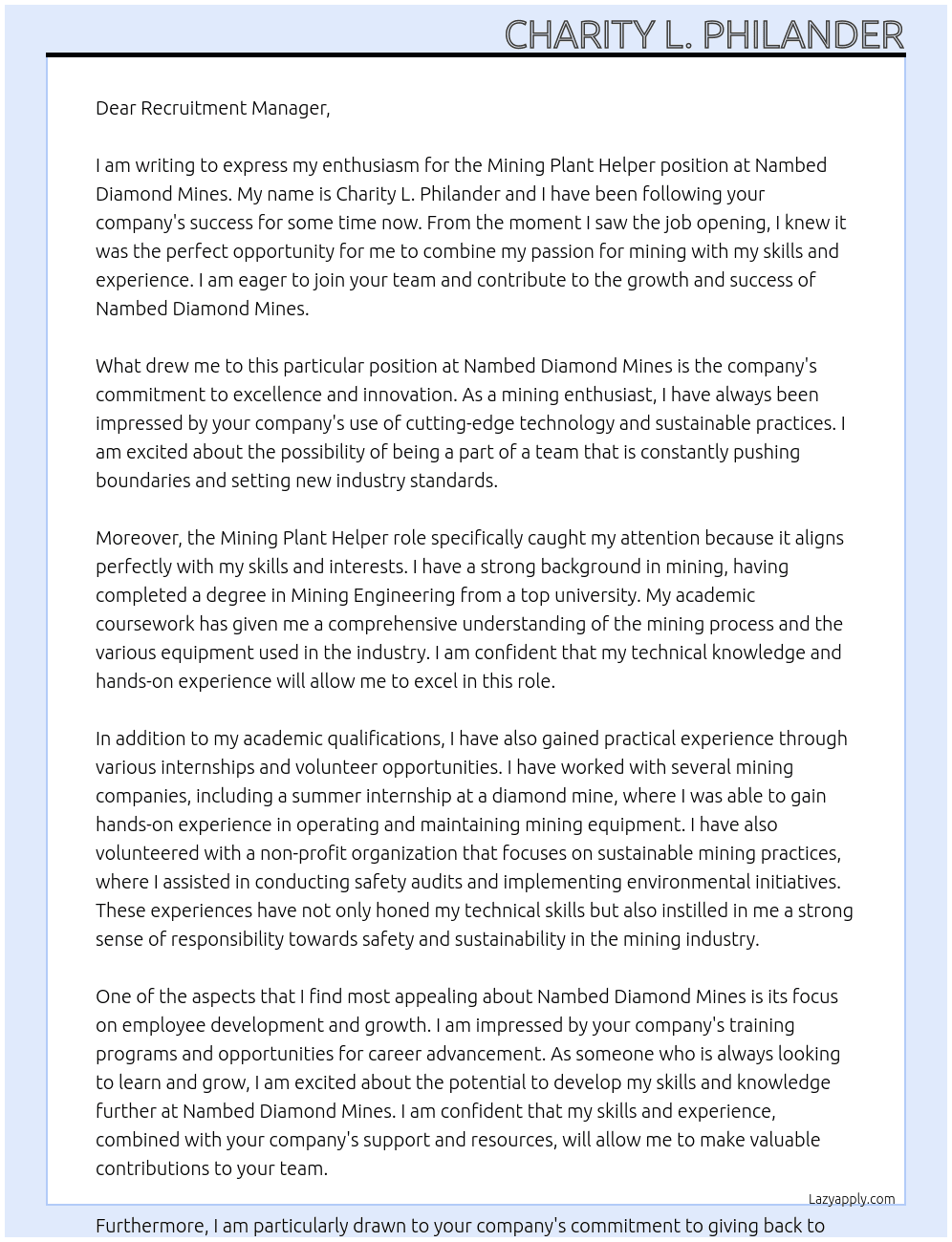 Mining Plant Helper At Nambed diamond mines Cover Letter