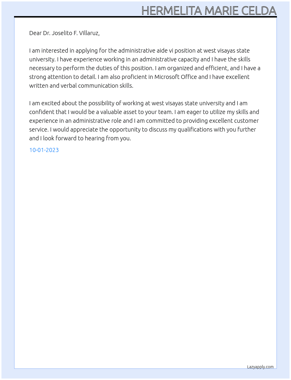 administrative aide vi At west visayas state university Cover Letter