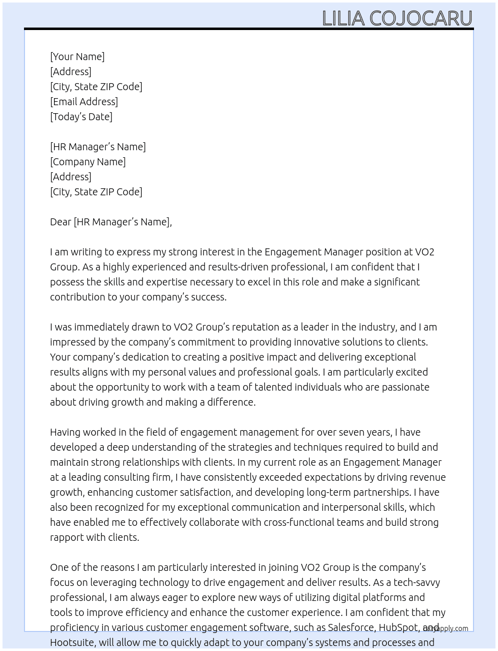 Engagement Manager At VO2 Group Cover Letter