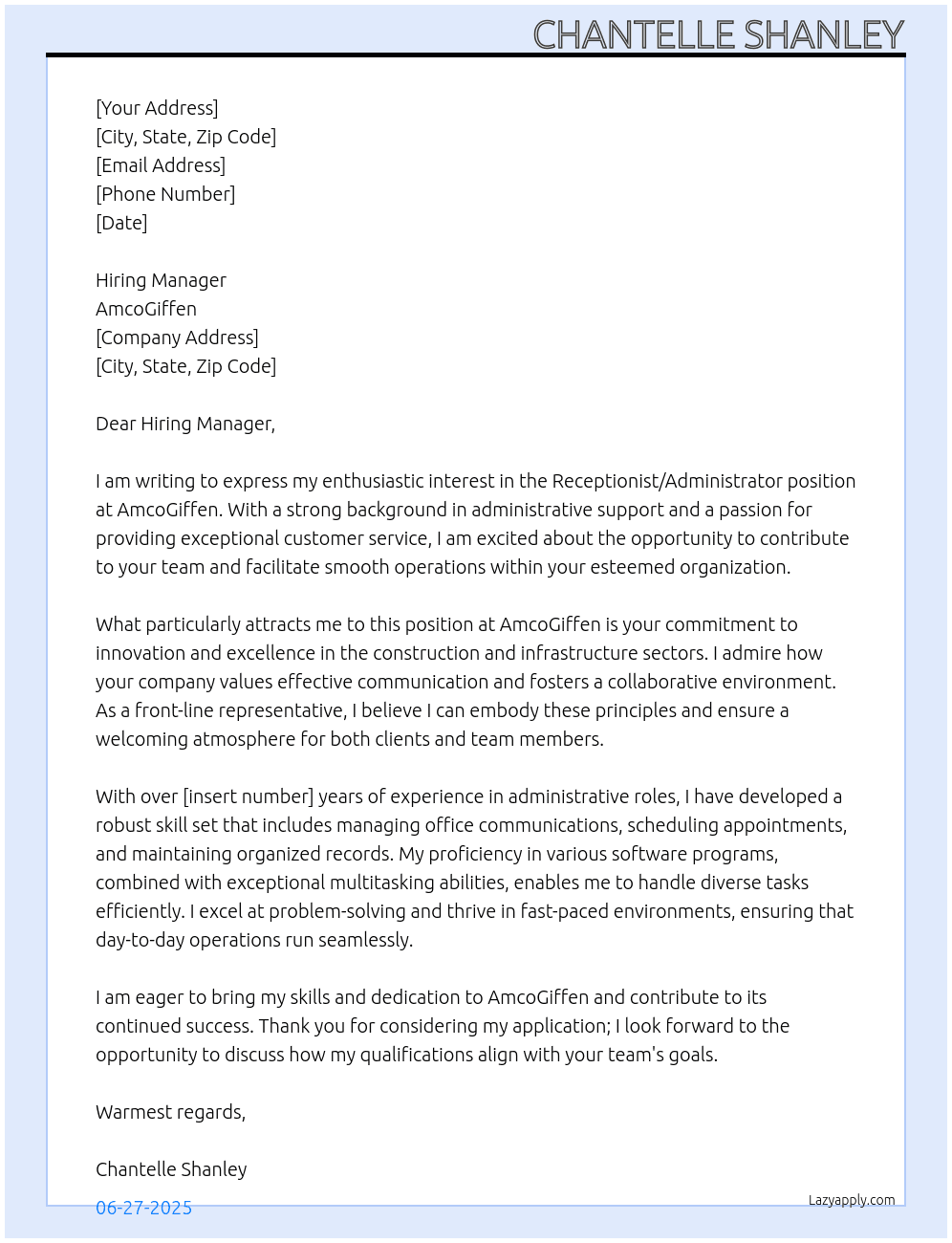 Receptionist/Administrator At AmcoGiffen Cover Letter