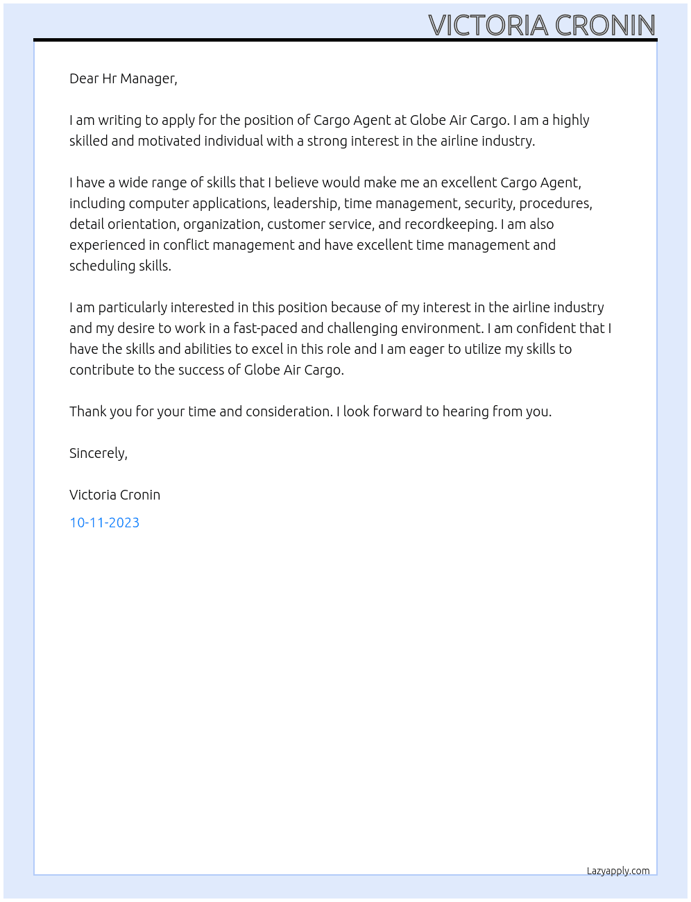 Cargo Agent At Globe Air Cargo Cover Letter