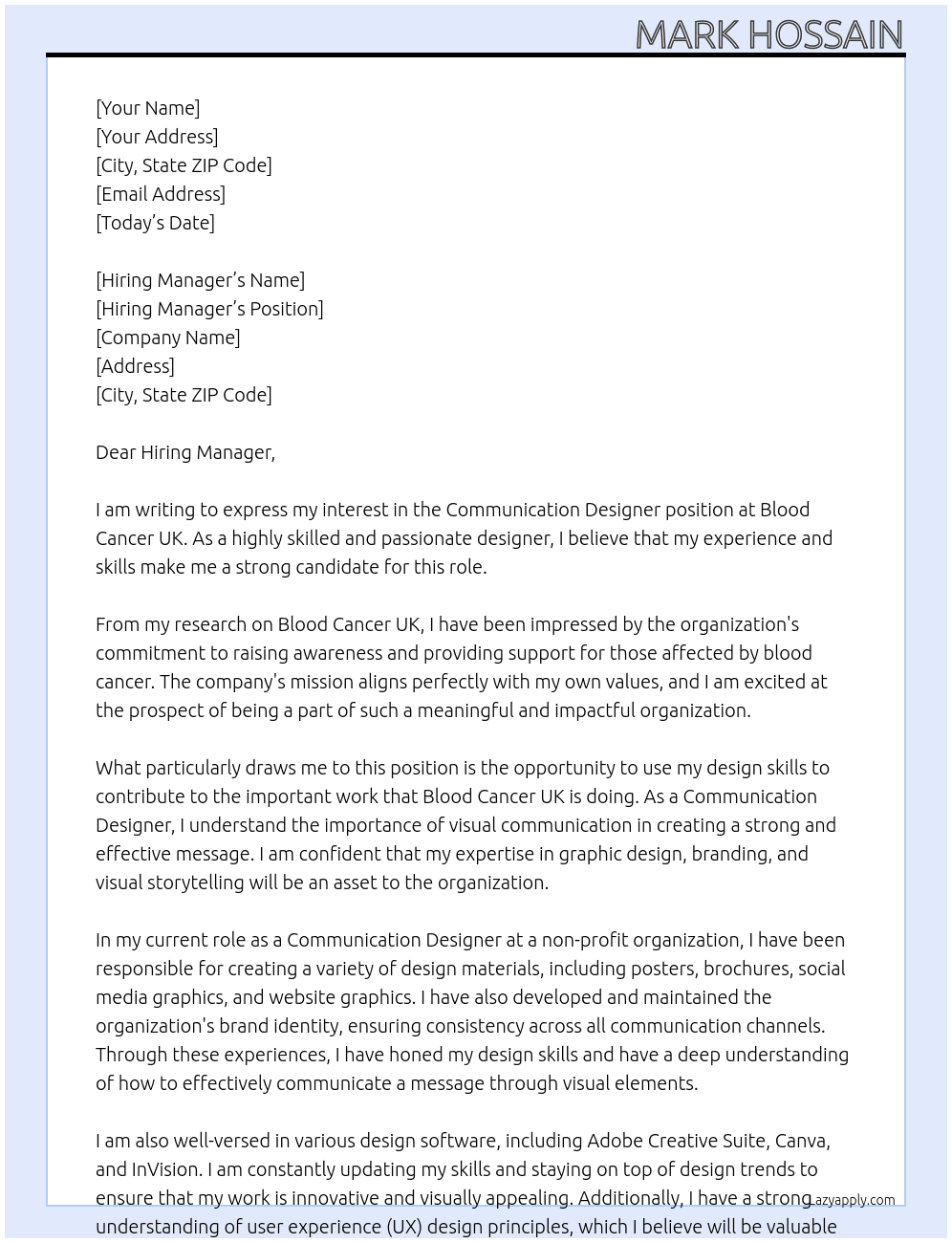 Communication Designer At Blood Cancer UK Cover Letter