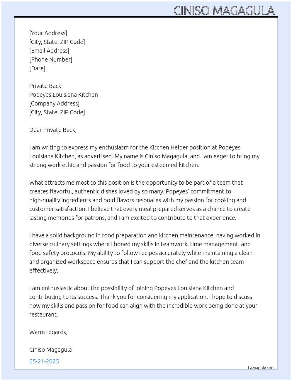 Kitchen helper (Chef) At Popeyes Louisiana Kitchen Cover Letter