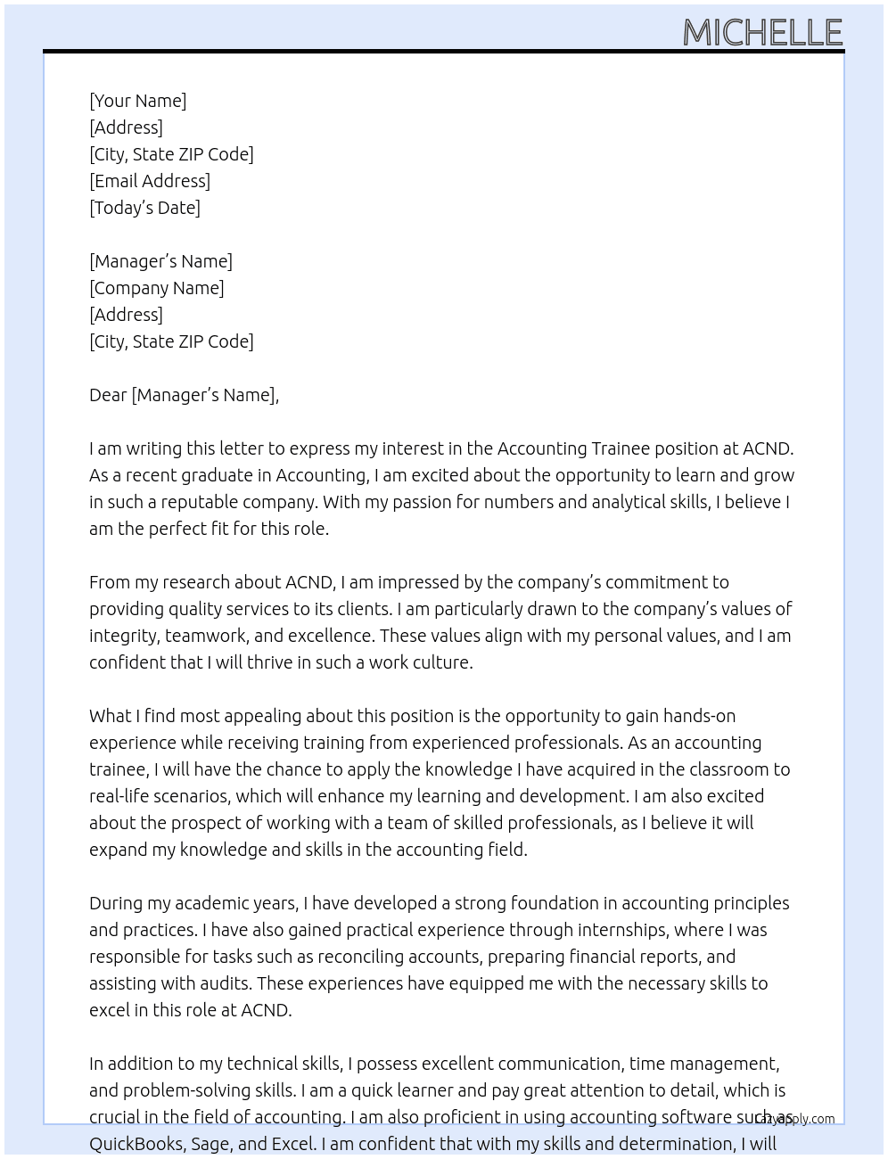 Accounting trainee At acnd Cover Letter
